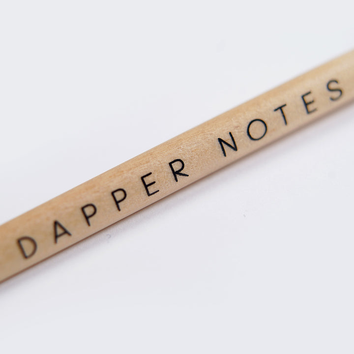 Imprint closeup of the Dapper Notes triangle barrel natural pencil